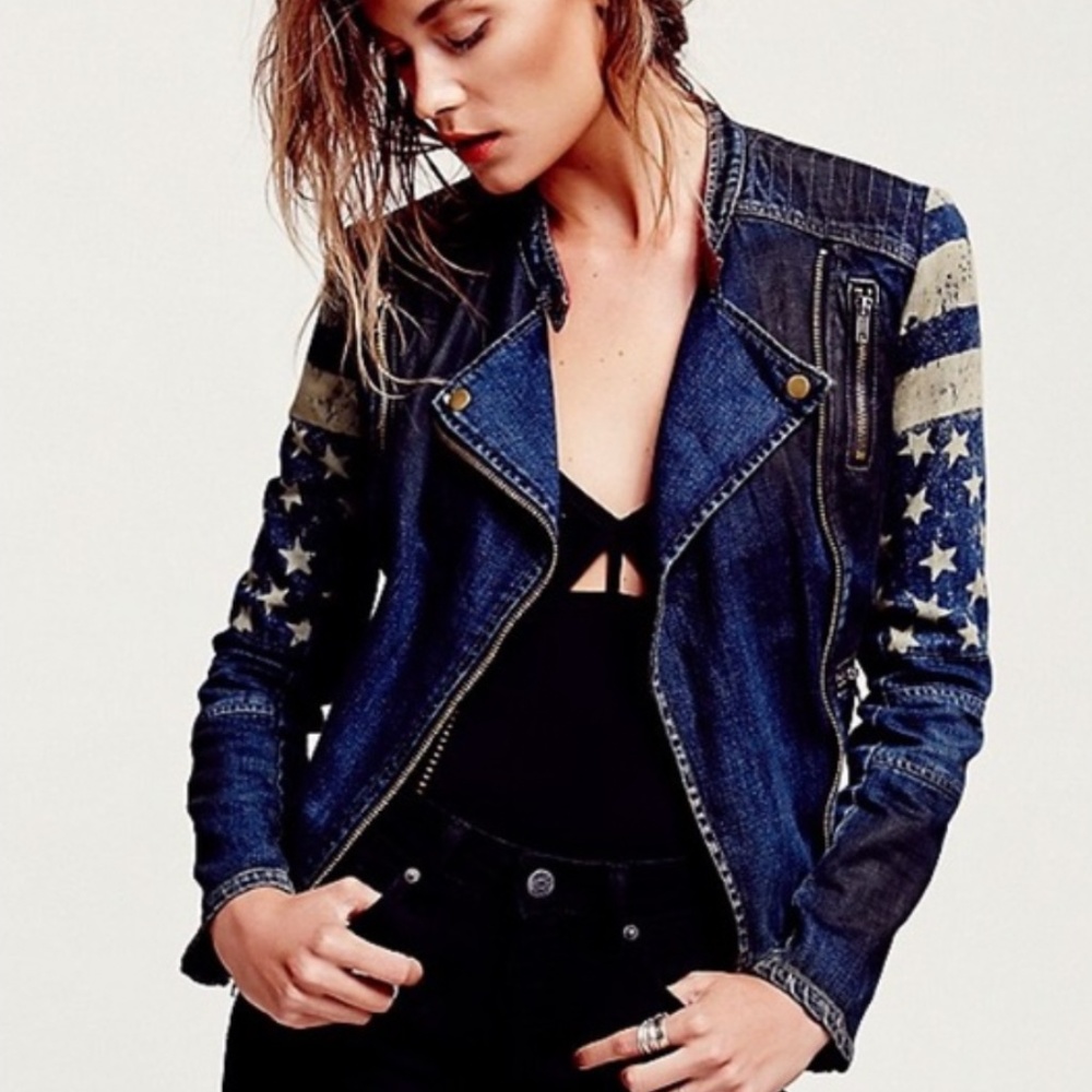 Free people Americana Denim Motorcycle Jacket USA Flag 8 Medium
